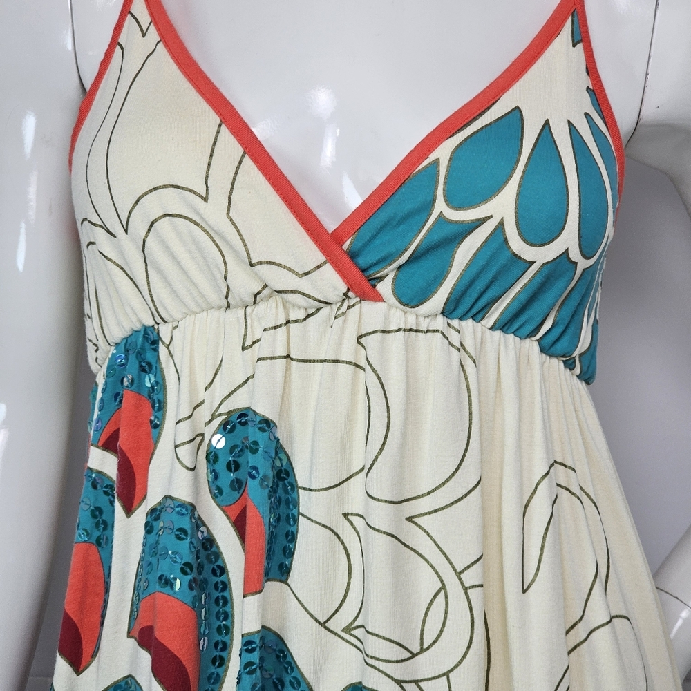 Ring Spun Lola Splice V-Neck Mini Dress, Cream, Burnt Orange, & Turq, EUC, Sz S - Picture 3 of 10